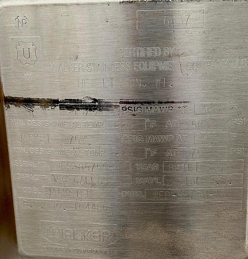 Used Tank, Walker 316L Stainless Steel, Jacketed