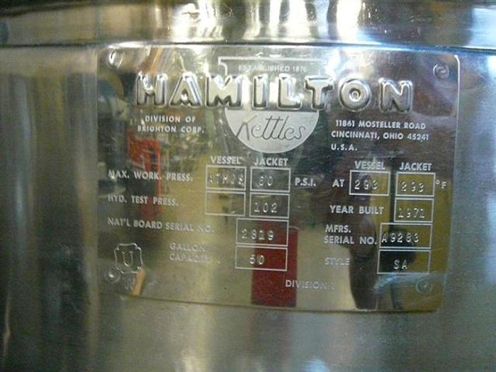 Used 50 gallon Hamilton Jacketed Kettle w/ Agitator