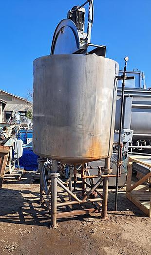 Used Tank, 500-Gallon, Stainless Steel, Scrape Agitation, JacketedMetal Craft 500-gallon stainless steel full jacketed and scrape agitated tank, constructed of 304 stainless steel. Measures 56" diameter x 58" straight side with flat top and dish bottom. Set up for side and bottom scrapers. Driven by a top-mounted drive through a gear reducer. 7.5 HP motor, 1755 RPM, 230/460V, 3/60Hz, with a gear reducer output of 40 RPM. Vessel is mounted on 4 stainless steel legs and features a 3" diameter center bottom outlet. Jacket Design pressure: 100 PSI, design temperature: 300°F. Last used in cosmetics industry.