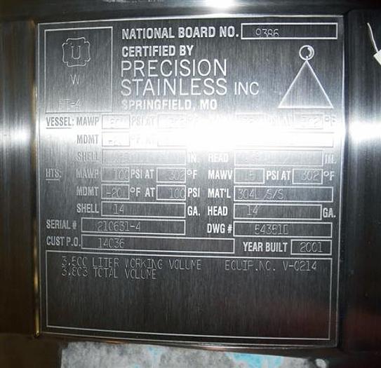 Used 3,500 liter Precision Jacketed Receiver