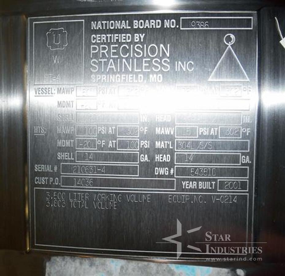 Used 3,500 liter Precision Jacketed Receiver