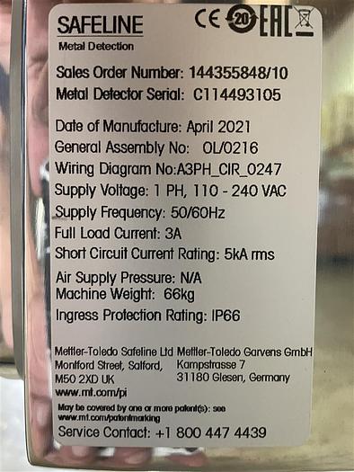 Used Mettler Toledo Safeline pour-thru Metal Detector