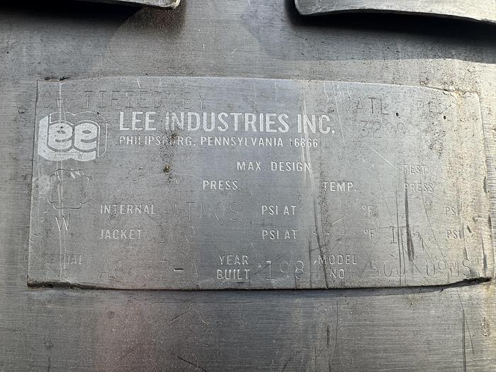 Used Tank, 500-Gallon, Stainless Steel, Dbl Motion Agitated, Jacketed, Lee,