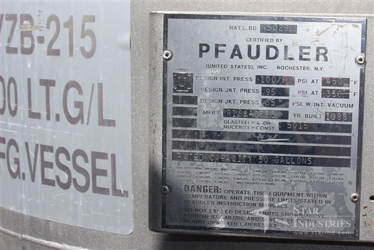 Used 200 liter Pfaudler Glass-lined Reactor w/ agitator