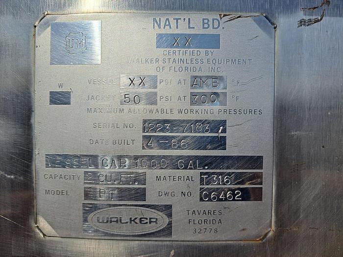 Used Tank, 1,000-Gallon, Stainless Steel, Jacketed, Walker