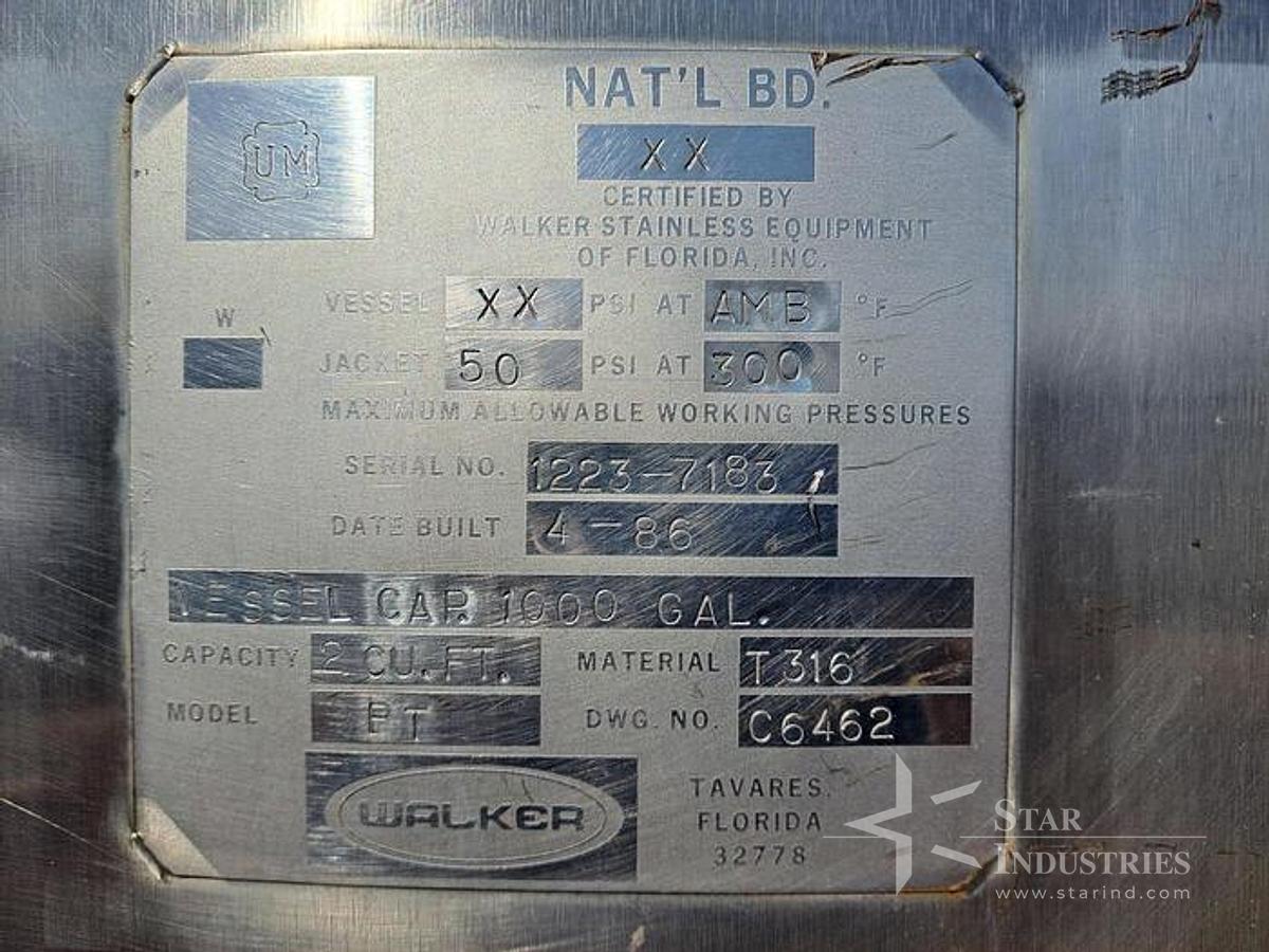 Used Tank, 1,000-Gallon, Stainless Steel, Jacketed, Walker