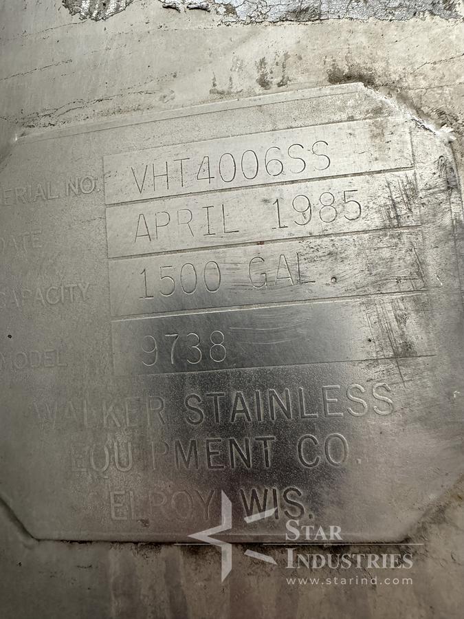 Used Walker 1500 Gallon S/S Tank