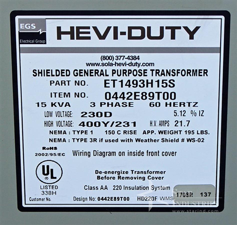 Used HEVI-DUTY 15 KVA 230D, 400Y/231 Shielded General Purpose Transformer