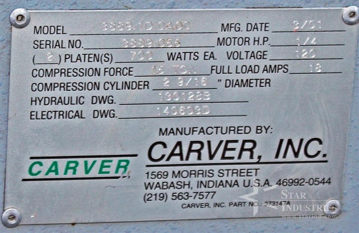 Used Carver 15-ton 2 platen Hydraulic Press