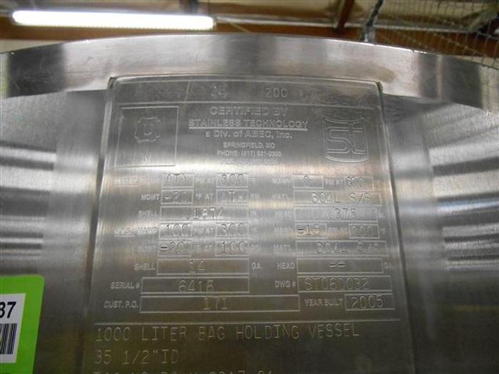 Used 1000 Liter Stainless Technology Jacketed Bag Vessel