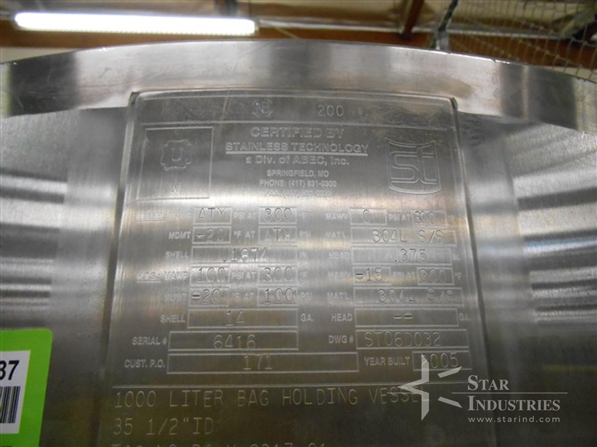 Used 1000 Liter Stainless Technology Jacketed Bag Vessel