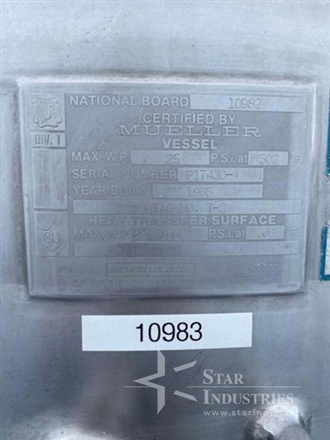 Used 850 liter Mueller S.S. Jacketed Tank