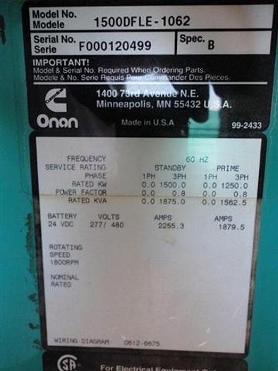 Used Cummins/Onan 1250 KW Generator