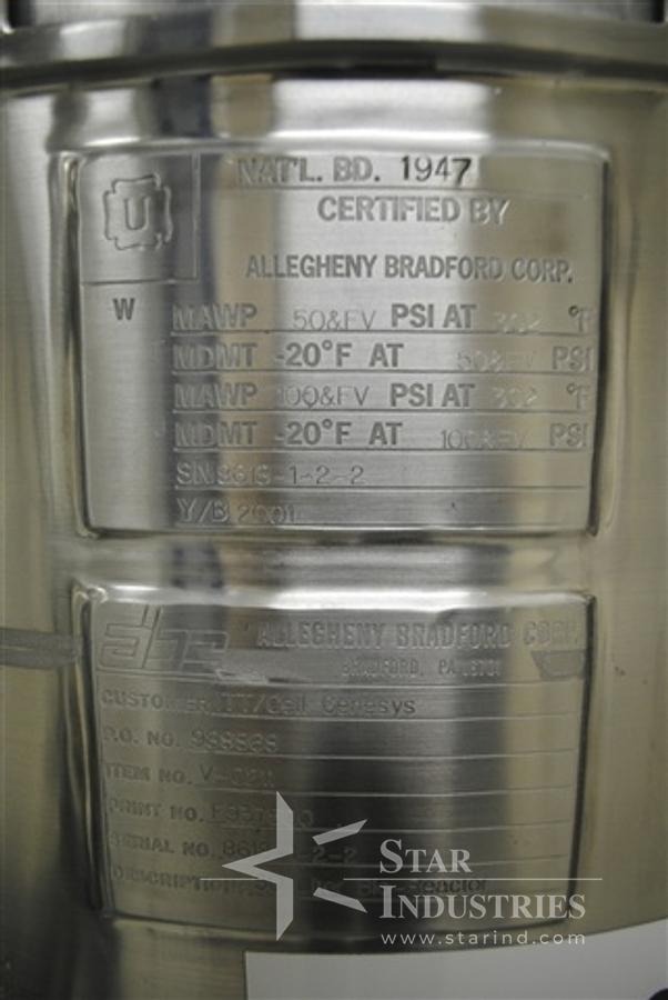 Used 50 Liter Allegheny Bradford Jacketed, Stainless Receiver