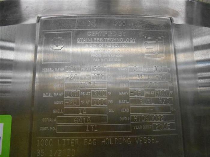 Used 1000 Liter Stainless Technology Jacketed Bag Vessel