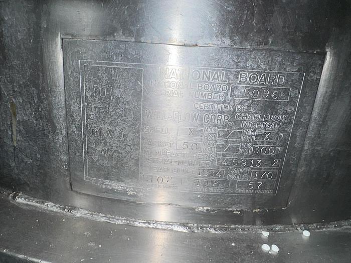 Used Tank, 170 Gallon, 316 Stainless Steel, Jacketed, Agitated
