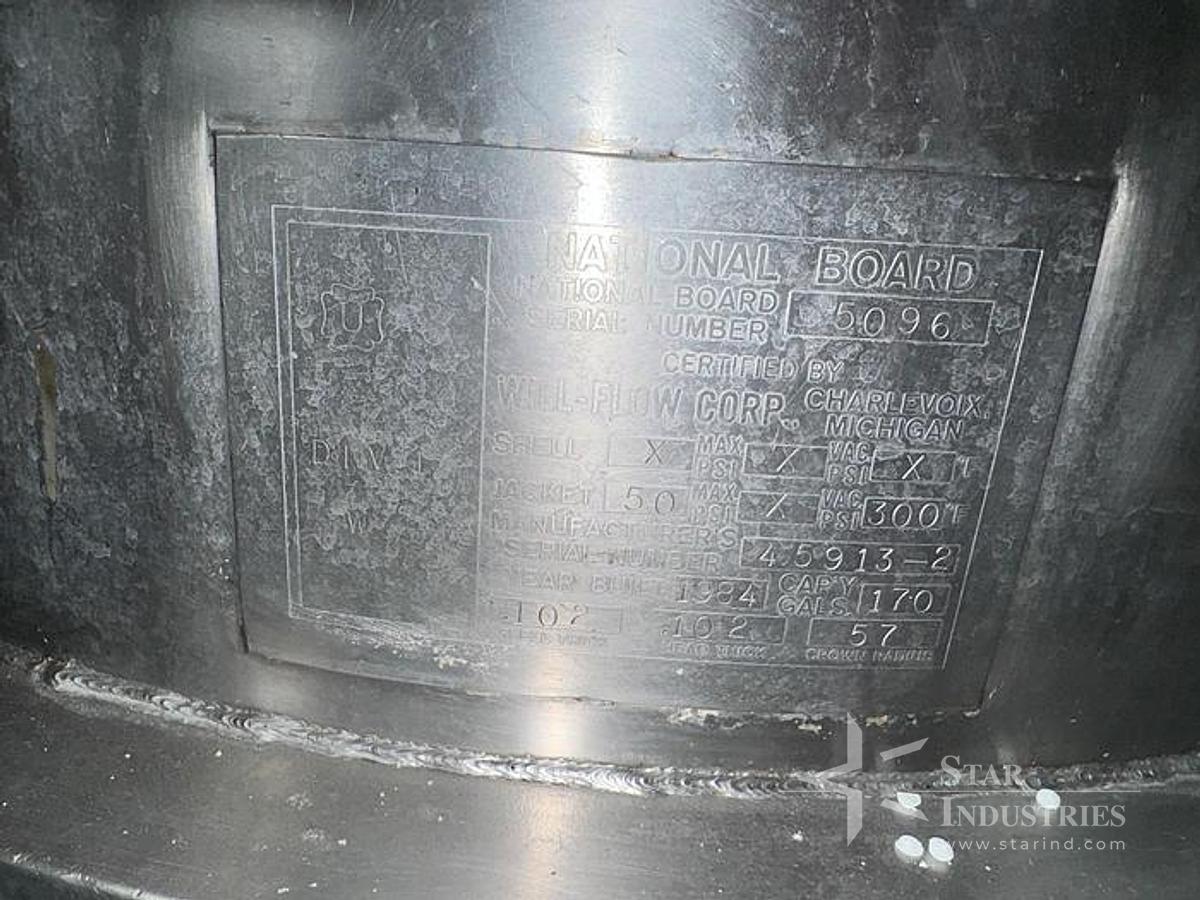 Used Tank, 170 Gallon, 316 Stainless Steel, Jacketed, Agitated