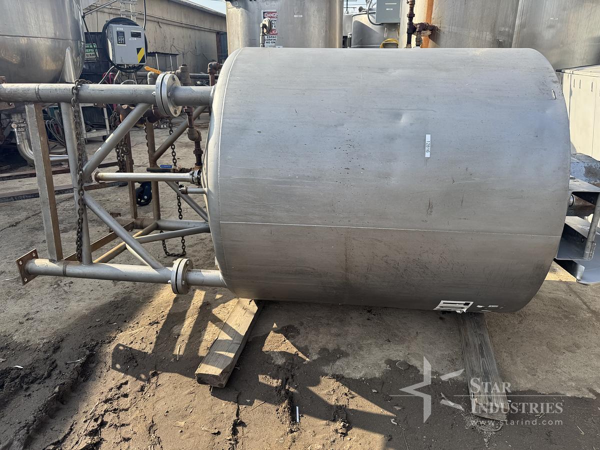 Used Tank, 500-Gallon, Stainless Steel, Scrape Agitation, JacketedMetal Craft 500-gallon stainless steel full jacketed and scrape agitated tank, constructed of 304 stainless steel. Measures 56" diameter x 58" straight side with flat top and dish bottom. Set up for side and bottom scrapers. Driven by a top-mounted drive through a gear reducer. 7.5 HP motor, 1755 RPM, 230/460V, 3/60Hz, with a gear reducer output of 40 RPM. Vessel is mounted on 4 stainless steel legs and features a 3" diameter center bottom outlet. Jacket Design pressure: 100 PSI, design temperature: 300°F. Last used in cosmetics industry.