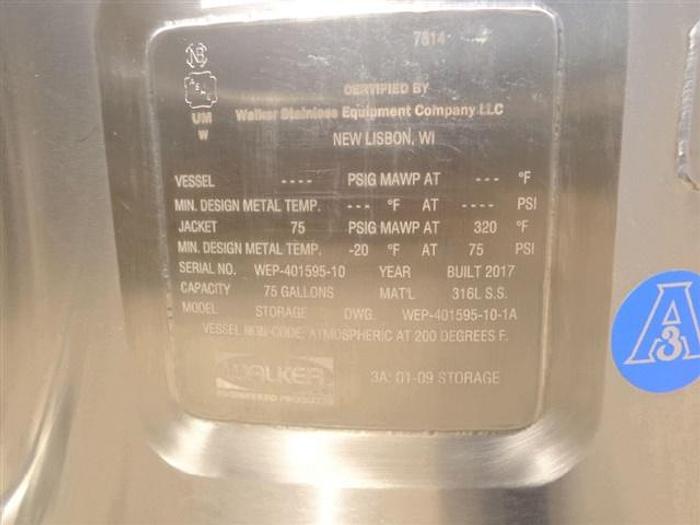 Used Walker 75 Gallon Stainless Steel Jacketed Tank