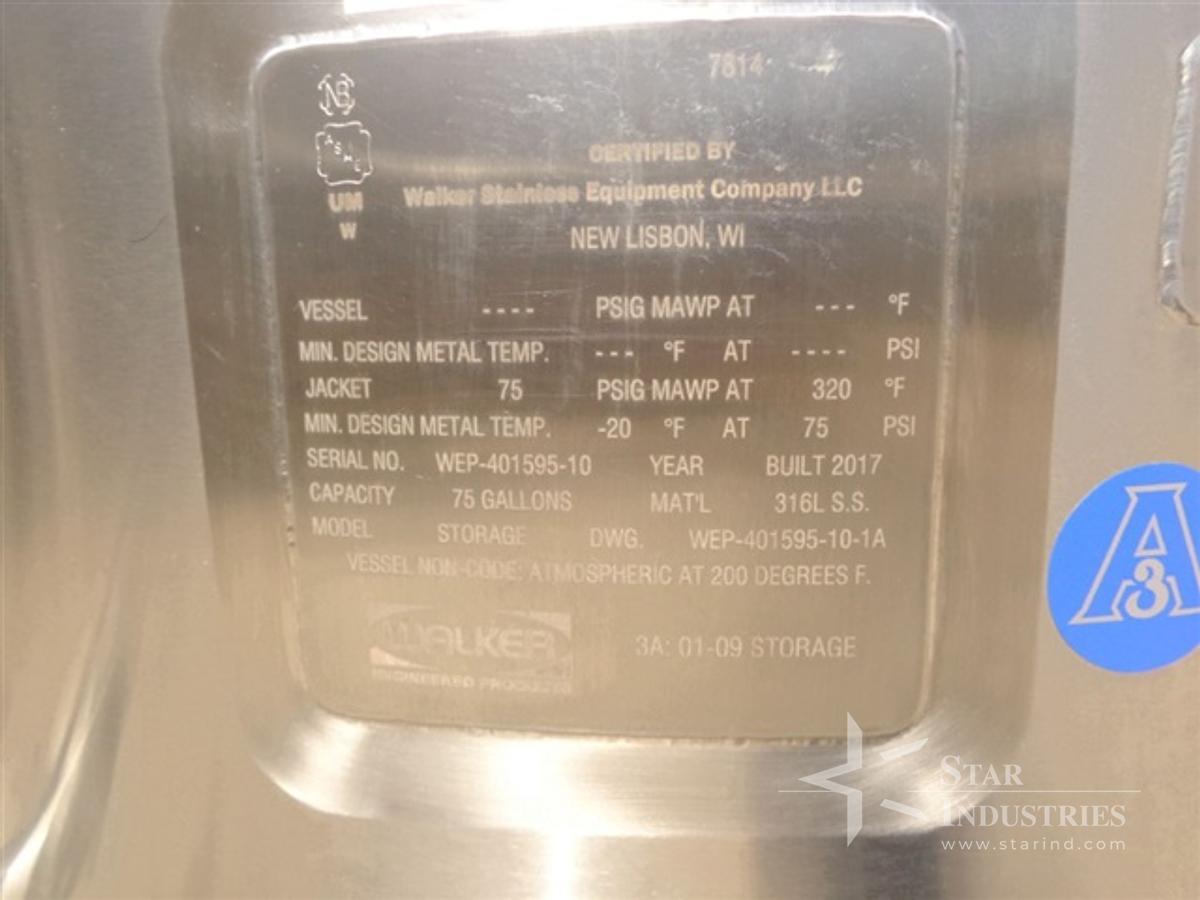 Used Walker 75 Gallon Stainless Steel Jacketed Tank