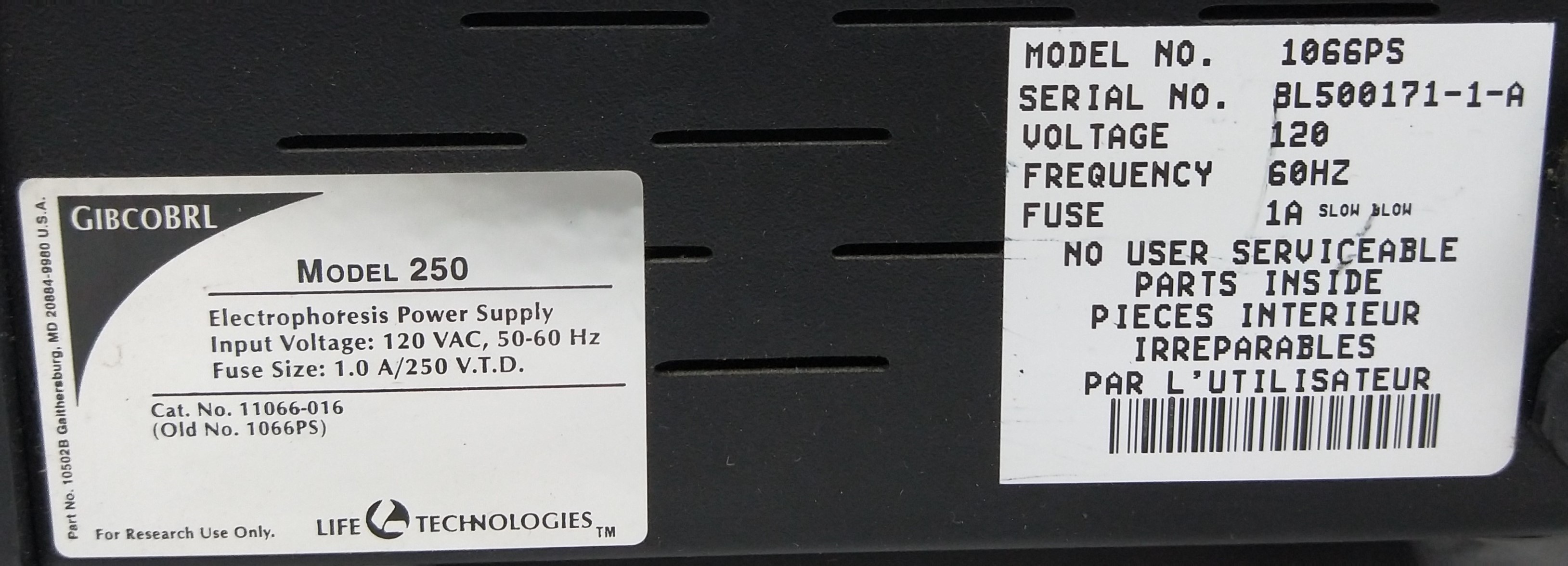 Used Gibco BRL 250 Electrophoresis Power Supply