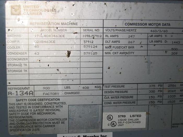 Used Carrier Corp. 19XL4043463CE Automatic Water Chiller, 900# Charge, 375 Psi, R-134A Refrigerant, Tank Model 10Xb44007601, S/N: 579124, Compressor Model 02Xb463Ce, Oil Heater 1200 Watt, 400 Ton, 40-45 F #17780