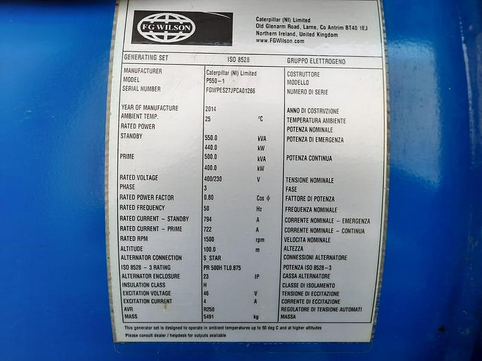 Used FG WILSON 550kVA 2014