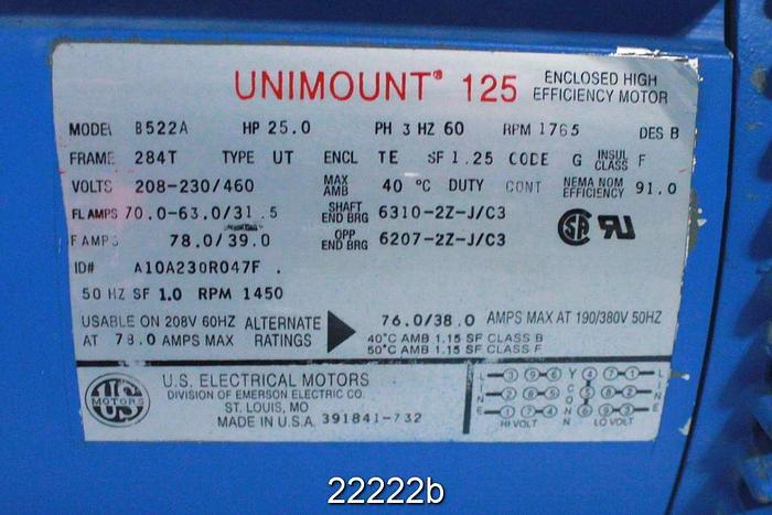 Used General Electric B522A Motor, Unimount 125, Type: Ut, 1.25 S.F., 3-Phase, 60 Hz #22222