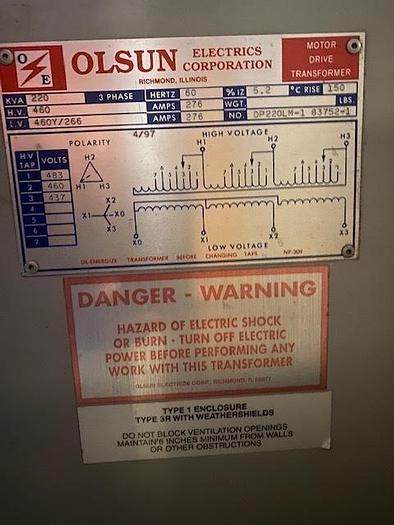 Used OLSUN ELECTRICS CORP. TYPE 1 ENCLOSURE TRANSFORMER