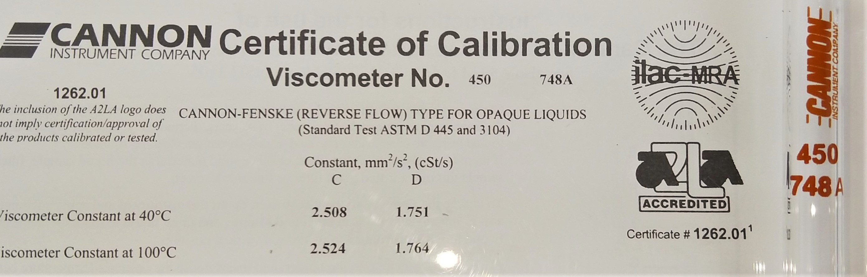 New Open Box Cannon-Fenske CFOC-450 (9721-F77) Certified Opaque Viscometer Tube - Size 450