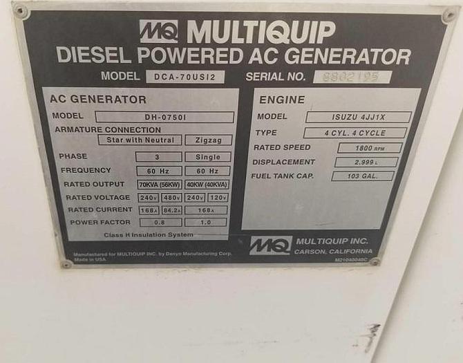 Used 2010 MULTIQUIP WHISPERWATT DCA70USI2