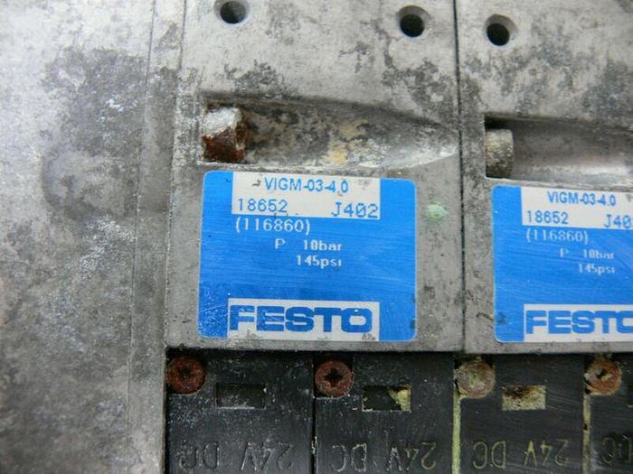 Used Festo Pneumatic Solenoid Manifold 18980 + VIGE-03-FB-8 (x3) & WIGM-03-4.0 (x5)