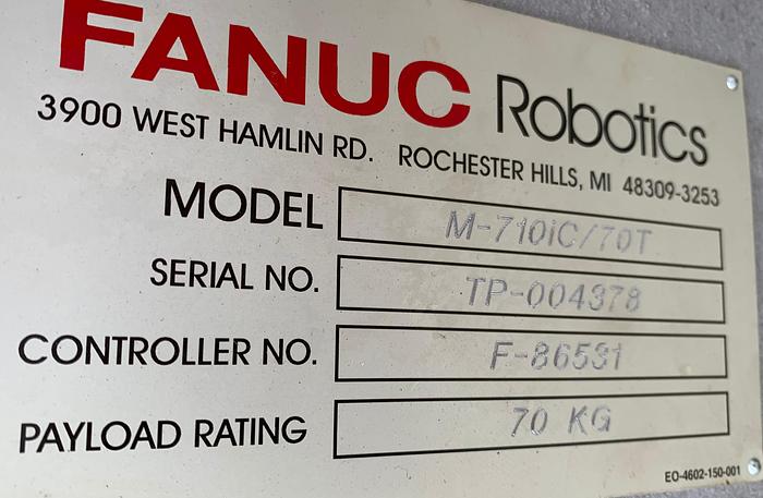 Used FANUC M710iC/70T GANTRY ROBOTIC SYSTEM, R30iA, 8' TALL RAIL X 11'6" OF TRAVEL
