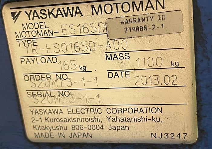 Used  YASKAWA MOTOMAN ES165D 6 AXIS ROBOT WITH DX100 CONTROLLER