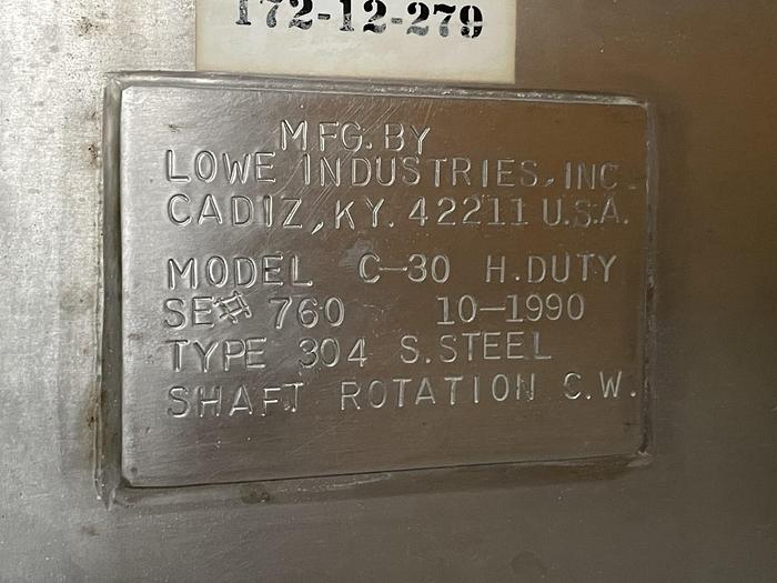 Used 30 CU. FT. LOWE RIBBON BLENDER - 304 S/S - 15 HP