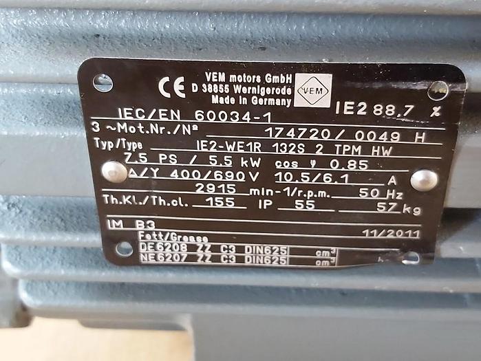 Elektromotor mit Fuss, IE2-WE1R 132S 2 TPM HW, 5,5 KW, 2915 rpm, VEM, neu -70%