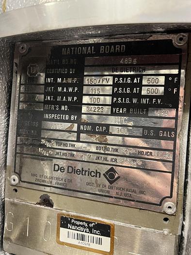 Used Reactor, 100 Gallon, Glass Lined, De Dietrich, 150 PSI, Jacketed, Agitated #S744732