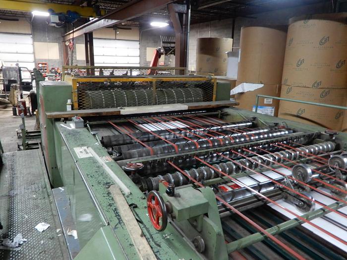 Used 74" (1.87M)  LENOX SINGLE ROTARY KNIFE SHEETER 3 UNWIND STANDS AND STACKER