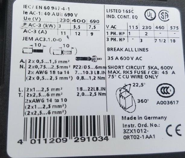Used Siemens Sirius 3RT1024-1B..0 Contactor