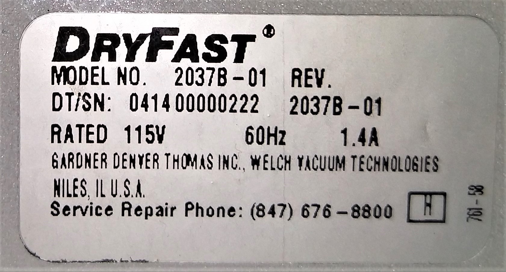 Used Welch DryFast 2037B-01 Diaphragm Vacuum Pump