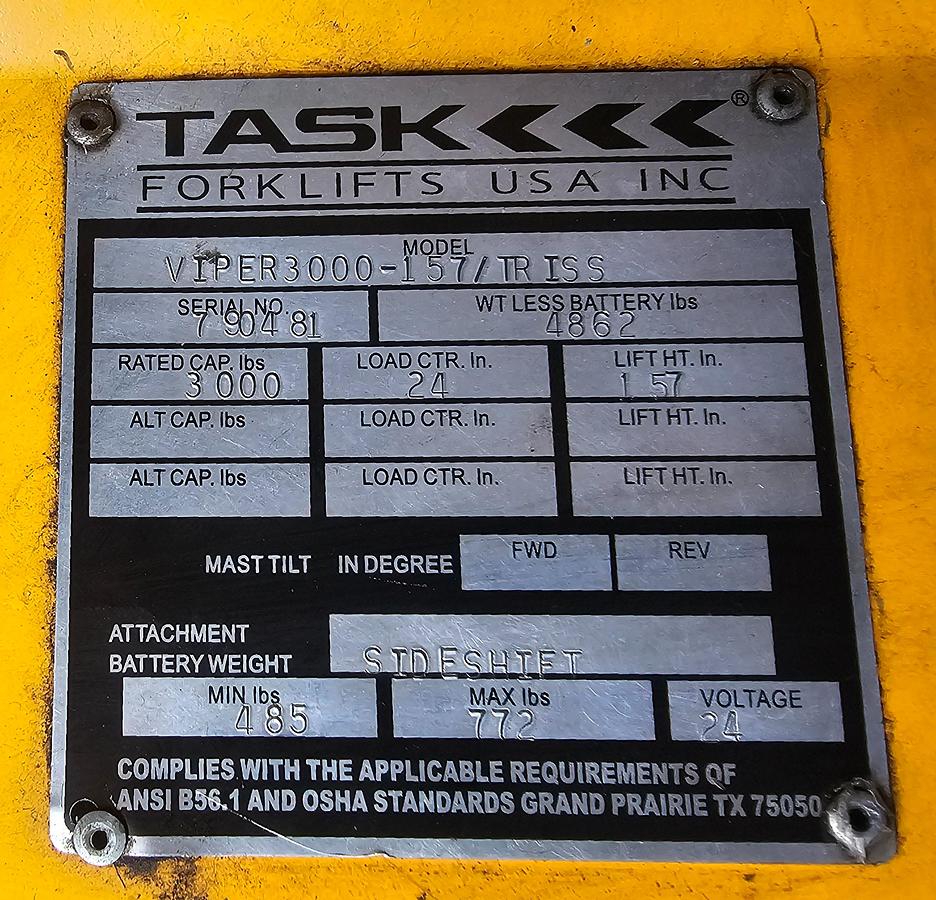 Used TASK Viper3000 3,000 LB Walkie Reach Stacker 157" Triplex Mast Side-Shift & Tilt