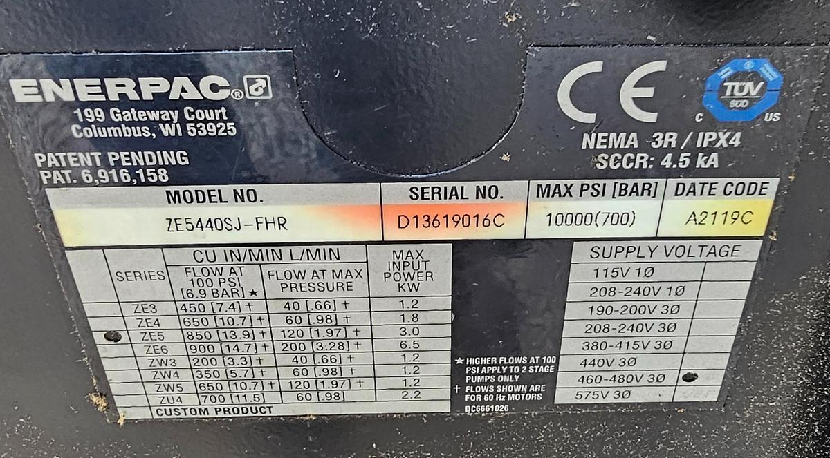 Used 2.5 Hp Enerpac ZE5440SJ-FHR Electric Hydraulic Pump 10,000 PSI