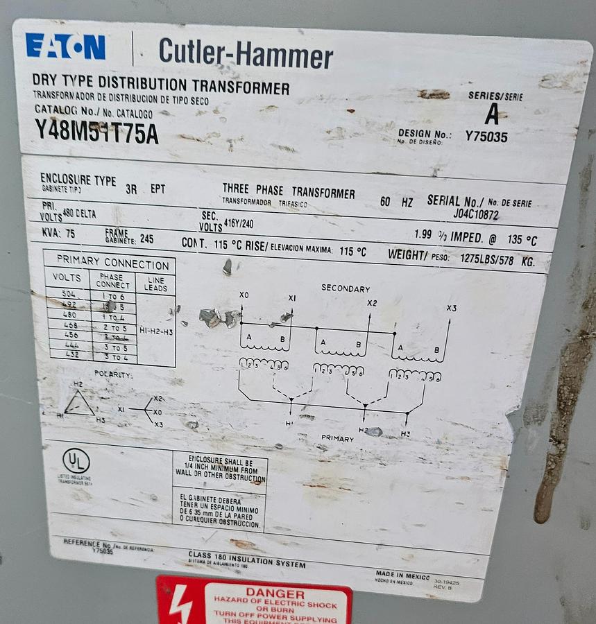 Used 75 KVA Cutler Hammer Y48M51T75A Transformer 480 Delta H.V. to 240 L.V. Three Phase