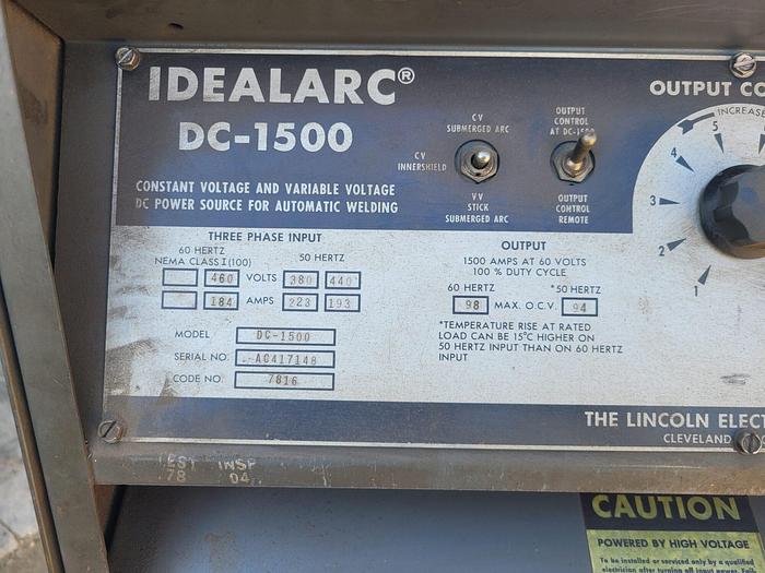 Used Lincoln Arc Welder Idealarc DC-1500 Sub-Arc Welding Power Source