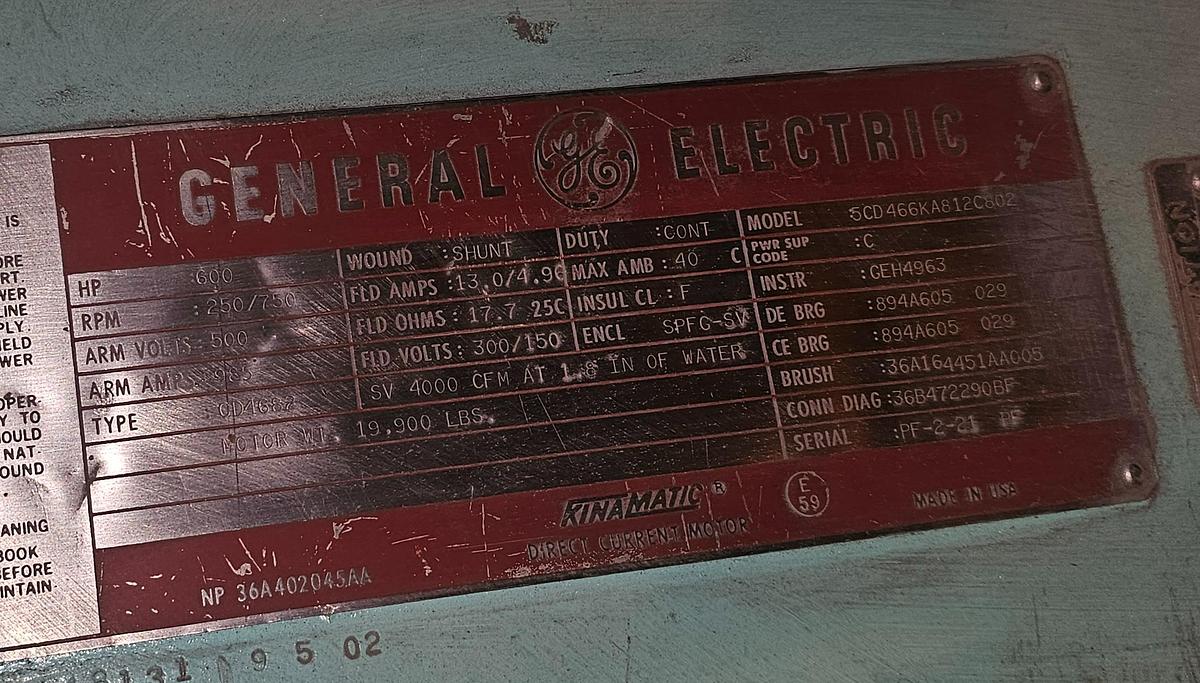 Refurbished General Electric 600 HP DC Motor 5CD466KA812C802 Kinamatic 466AT 500V