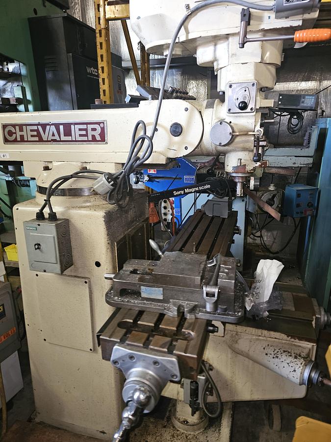 Used Chevalier Falcon #FM-3VK Vertical Knee Mill 3 Hp, DRO, 10" x 50" Table & Collets / Setup Tooling