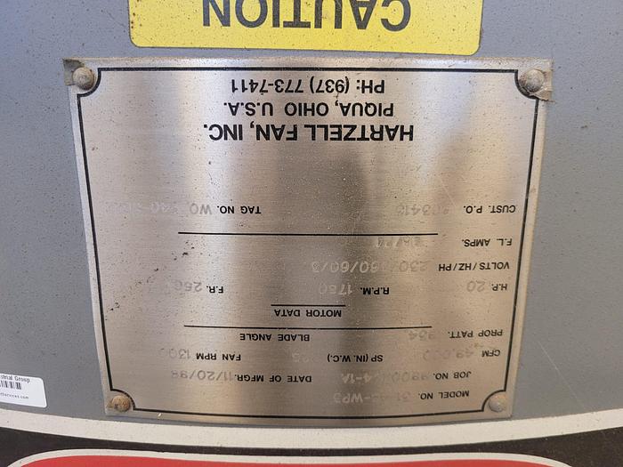 Used Hartzell 48” 20 HP Belt Drive Axial Ventilation Fan 49,000 CFM Flow Rating