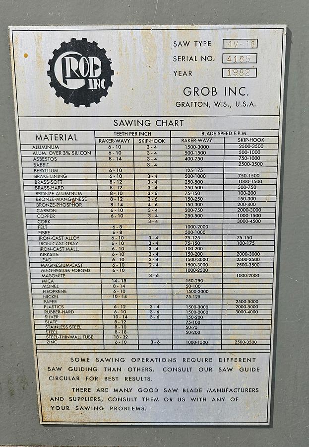 Used 18" Grob 4V-18 Vertical Bandsaw w/RW-B Welder & Air-Hydraulic Feeder Table