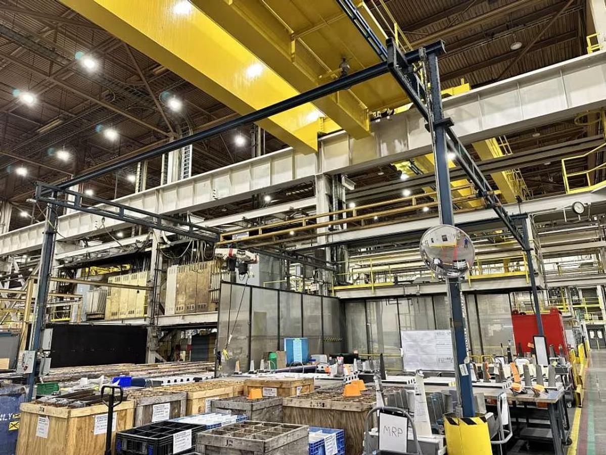 Used 500# Gorbel 48' Span x 50' Runway Twin Bridge Freestanding Workstation Crane & Hoists