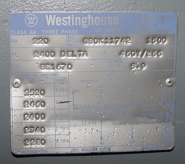 Used 220 KVA Westinghouse DT3 Electrical Transformer H.V. 2400 DELTA / L.V. 460/266